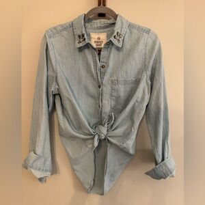 Women’s denim button down dress is up or down. Country concert? Stagecoach?